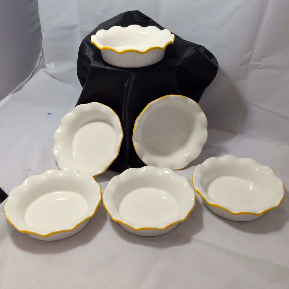 Set of 6 Ceramic Mini Pie Pans 5.5" Fluted Scalloped Edge Orange Rim Tart Dishes